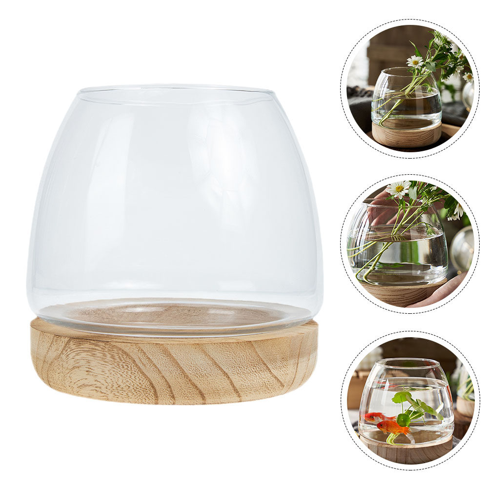 Planted Aquarium Bowl - 1Set Wooden Base Glass Hydroponic Planter